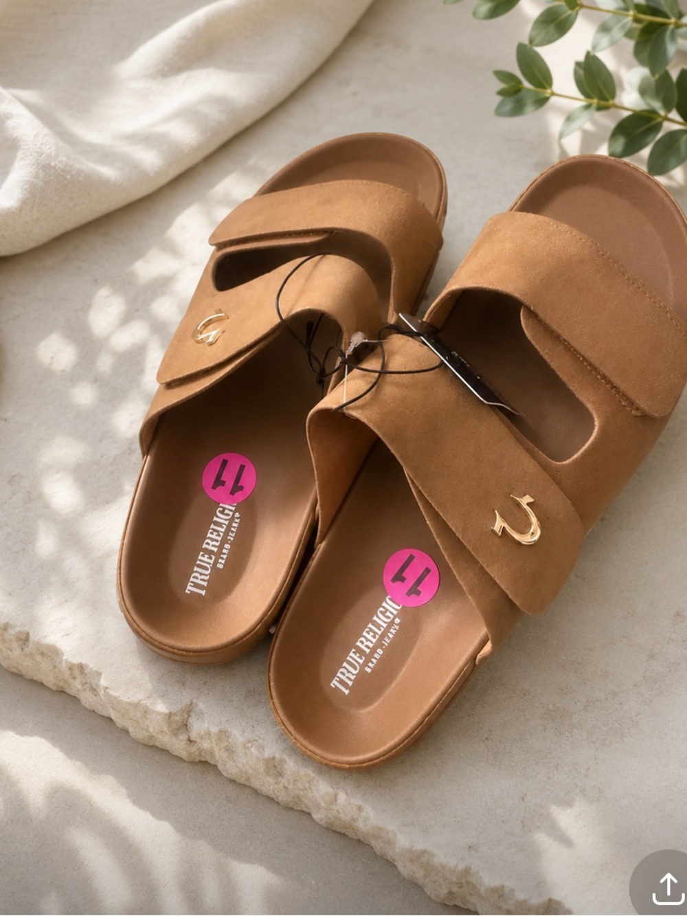 True Religion Tan Suede Double-Strap Slide Mules